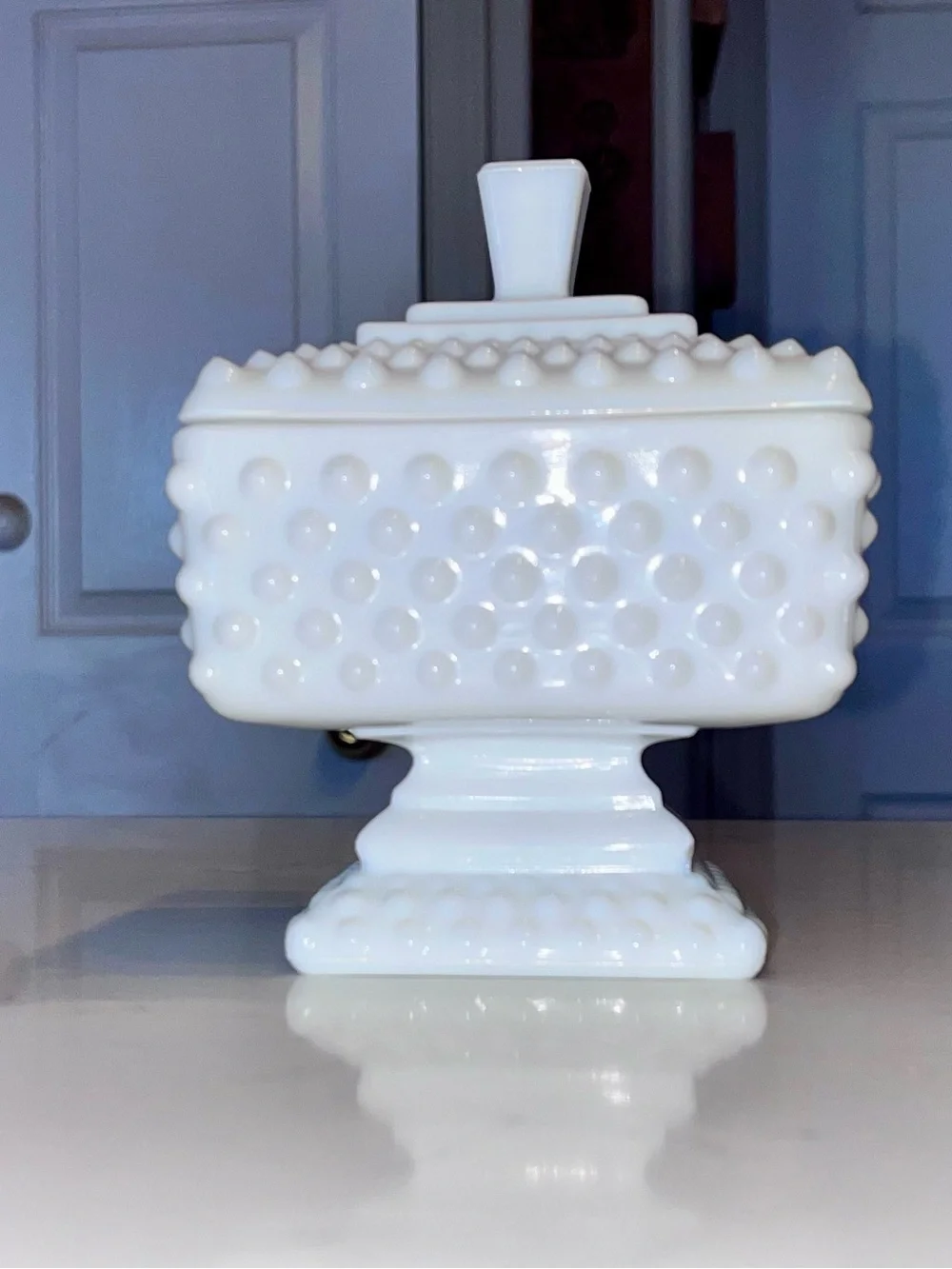 Vintage Fenton hobnail pedestal footed square candy dish wedding bowl milk glass